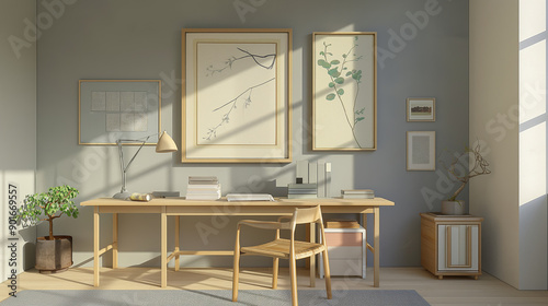 Serene Minimalist Home Office with Botanical Art