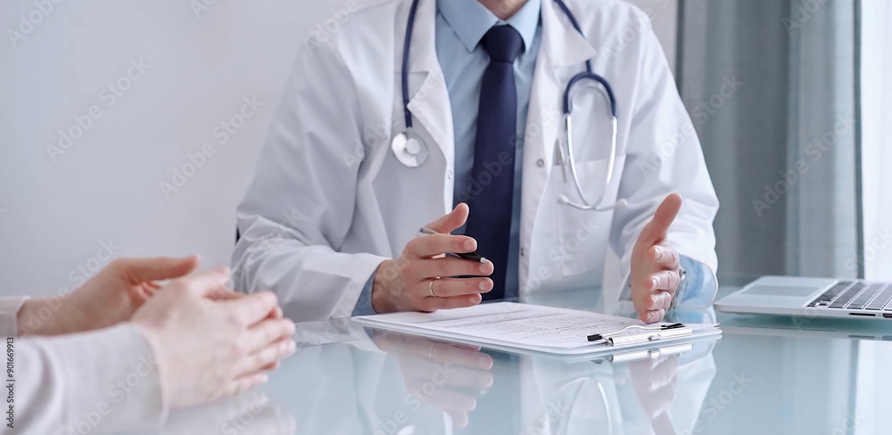 Doctor is consulting patient in modern fair clinic. Healthcare professional is is discussing something with a woman, gesturing above the glass desk. Medicine Doctor is consulting patient in modern fair clinic. Healthcare professional is is discussing something with a woman, gesturing above the glass desk. Medicine