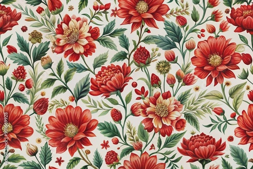 Vibrant red floral pattern repeats seamlessly across a white background, featuring intricate blooms and foliage, perfect for textiles, wallpapers, and design projects.