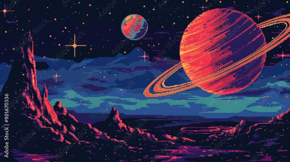 © 69 - Cosmic pixel art scene with a large textured planet, distant ringed planet, and starry nebula, evoking extraterrestrial wonder