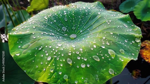 Lotus leaf covered in various sized water droplets post rain photo