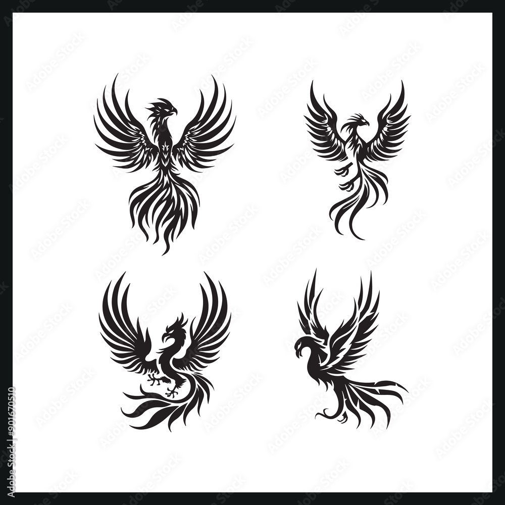 Black Phoenix in flight ,tattoo, logo silhouette Black Phoenix in flight ,tattoo, logo silhouette