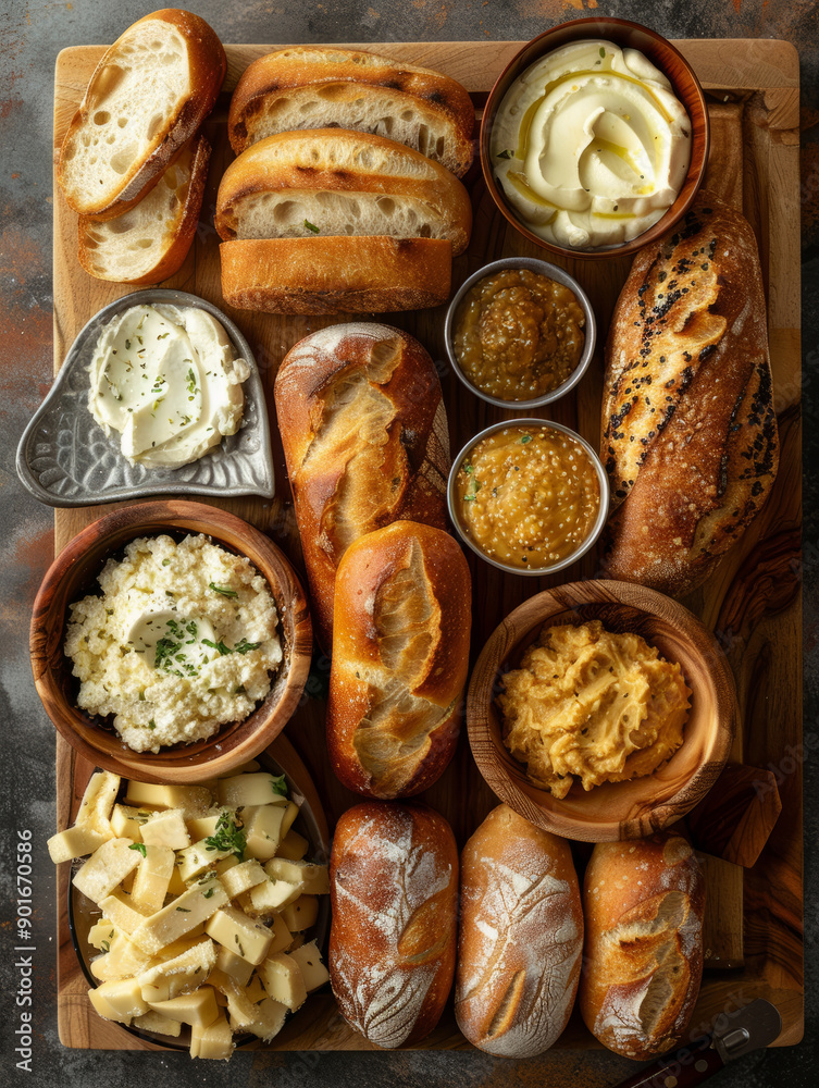 Assorted bread and cheese platter with spreads on a wooden board Assorted bread and cheese platter with spreads on a wooden board
