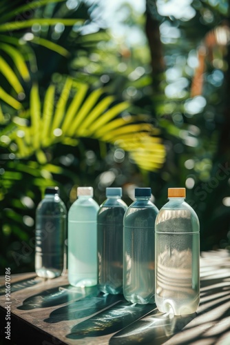 A row of plastic bottles with different colors and sizes are sitting on a table in a forest. The bottles are all clear and filled with water, and they are arranged in a neat row