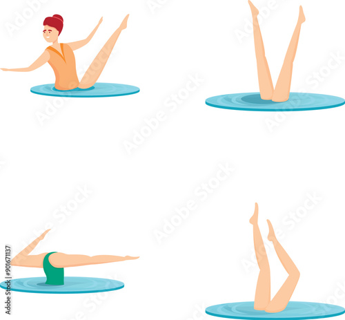 Swimming sportswoman icons set cartoon vector. Girl performing stunt in water. Water sport dance competition