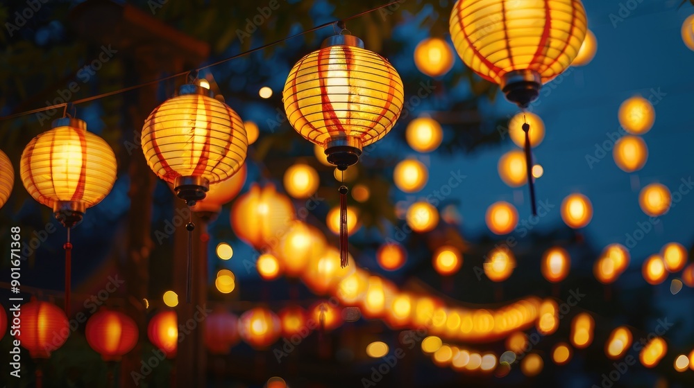 Luminous lanterns shine at night on festive garland Luminous lanterns shine at night on festive garland