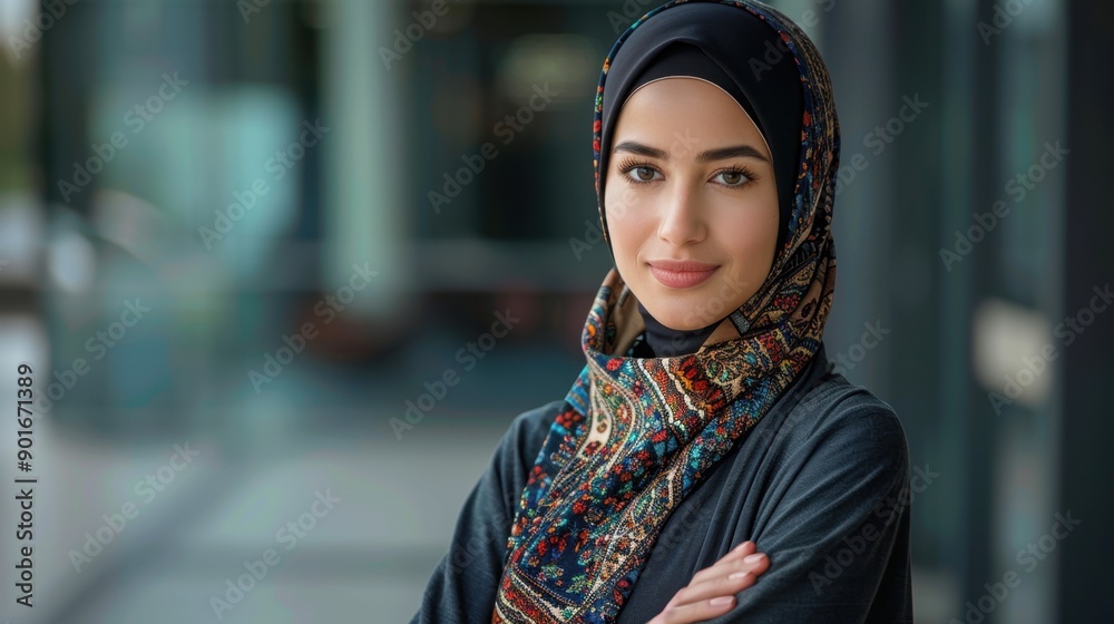 A portrait of a confident modern Muslim woman in a stylish hijab with arms crossed, exuding elegance and empowerment. A portrait of a confident modern Muslim woman in a stylish hijab with arms crossed, exuding elegance and empowerment.