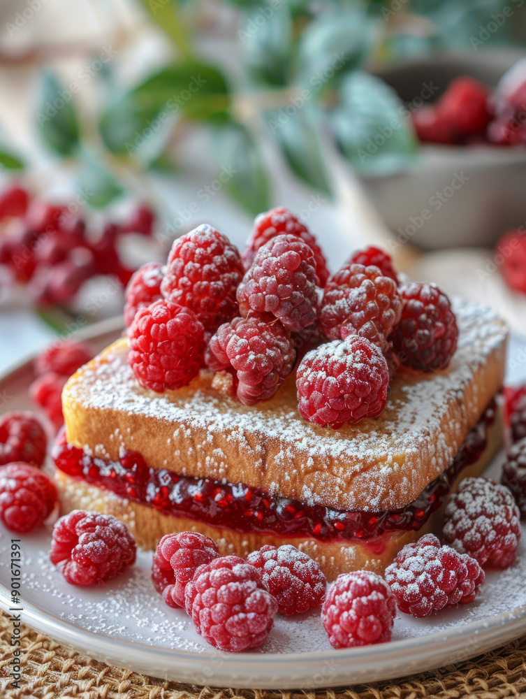 Raspberry-topped toast with a dusting of powdered sugar. Raspberry-topped toast with a dusting of powdered sugar.