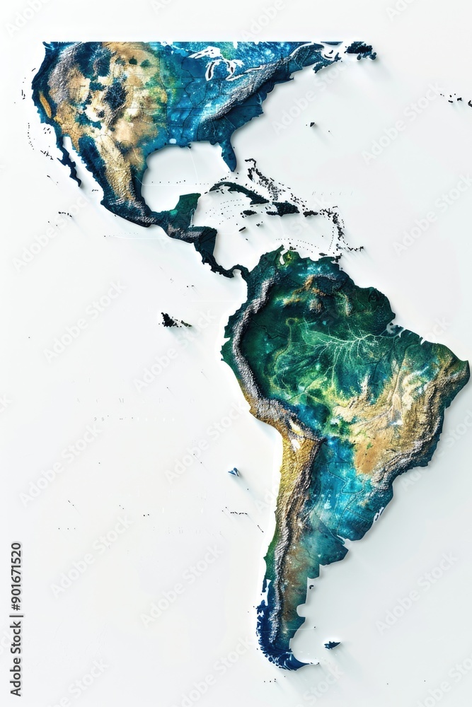 A map of the Americas with a blue and green color scheme. The map is a ...