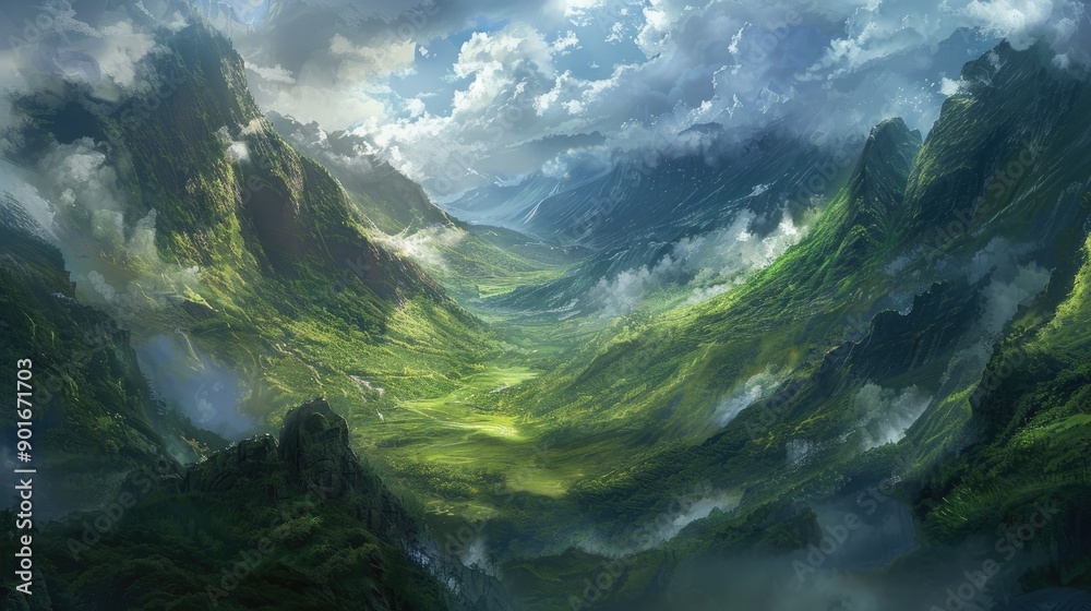 Lush landscape embraced by clouds and mountains Lush landscape embraced by clouds and mountains
