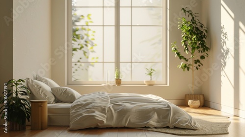 A minimalist bedroom with green plants and sunlit space, perfect for highlighting contemporary interior design and home decor.
