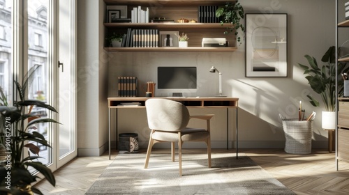 A stylish home office featuring a modern desk, bookshelves, and decor, ideal for workspace inspiration and productivity.
