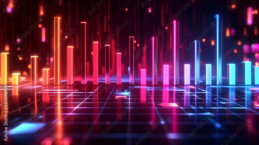 Vibrant Glowing 3D Equalizer Bars in Dark Digital Environment with Pulsating Background Music Vibrant Glowing 3D Equalizer Bars in Dark Digital Environment with Pulsating Background Music