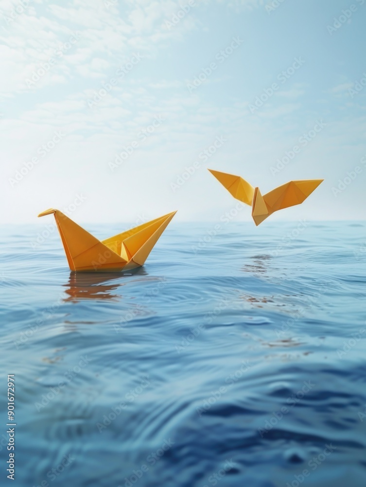 Two yellow paper birds are flying in the water. The birds are floating on the surface of the water, and they seem to be enjoying their time Two yellow paper birds are flying in the water. The birds are floating on the surface of the water, and they seem to be enjoying their time