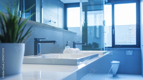A modern bathroom featuring double sinks and large windows, perfect for contemporary home design and luxury living.
