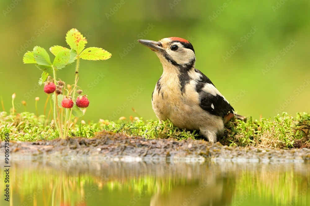 Fototapeta premium Great spotted woodpecker Dendrocopos major bird songbird wildlife nature predator cock o the north, beautiful animal mountain finch, animal, bird watching ornithology, flower bud fauna wildlife Europe