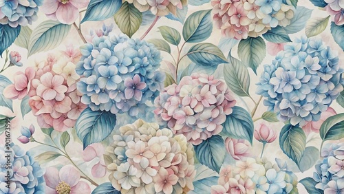 Fototapeta Naklejka Na Ścianę i Meble -  Delicate watercolor hydrangea flowers bloom in a seamless pattern on a luxurious 3D wallpaper featuring soft pastel blue, pink, and beige hues for a beautiful floral background.