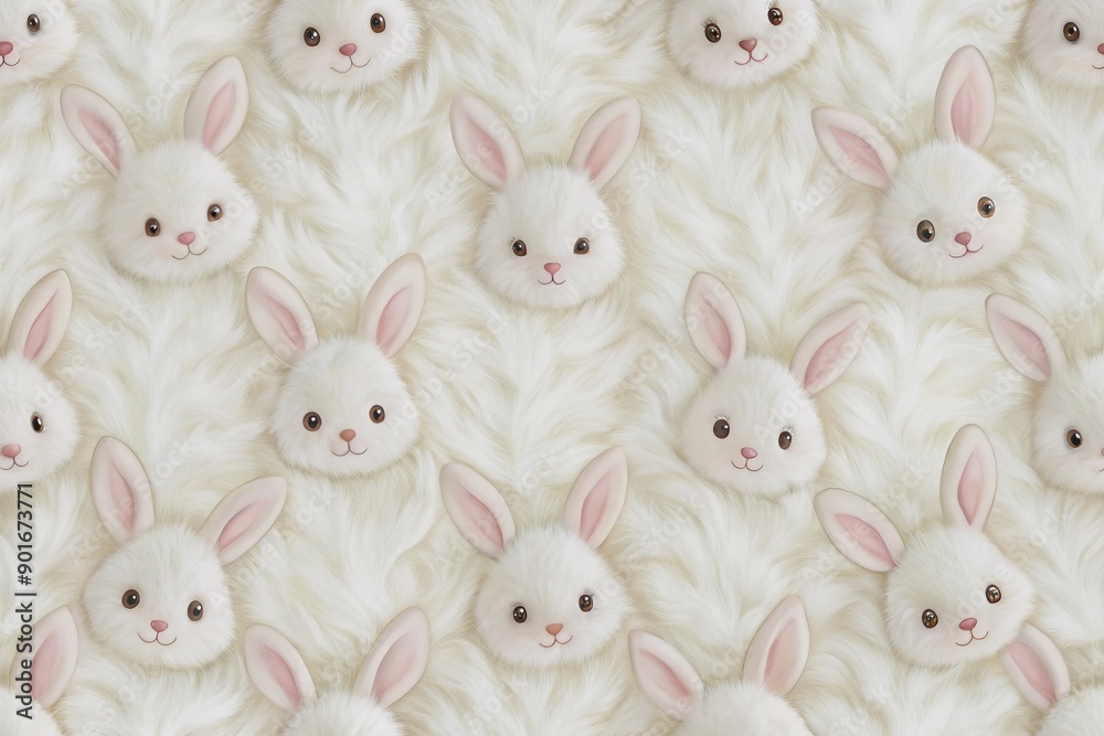 Soft, fluffy, and seamless white fur background with a cute bunny design template, featuring ample copy space at the top, perfect for adding text or graphics. Soft, fluffy, and seamless white fur background with a cute bunny design template, featuring ample copy space at the top, perfect for adding text or graphics.