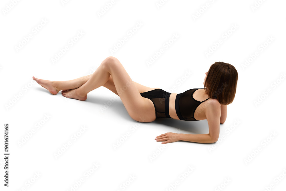 Wellness and self-care. Woman posing in black underwear, model with short hair and slim, fit body isolated on white studio background. Concept of female beauty, body and health care, sport and diet Wellness and self-care. Woman posing in black underwear, model with short hair and slim, fit body isolated on white studio background. Concept of female beauty, body and health care, sport and diet