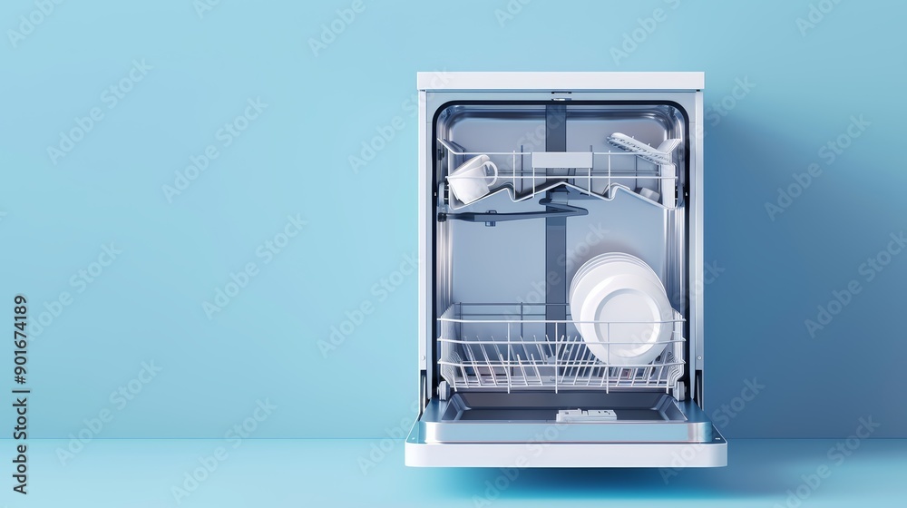 A compact dishwasher with a stainless steel finish, shown open with clean dishes inside, flat design illustration A compact dishwasher with a stainless steel finish, shown open with clean dishes inside, flat design illustration