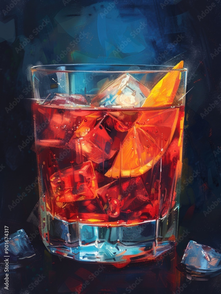 A glass of red drink with ice cubes and an orange slice. The drink appears to be a cocktail A glass of red drink with ice cubes and an orange slice. The drink appears to be a cocktail
