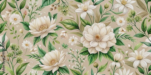 Elegant seamless floral pattern on a soft beige background featuring white and cream-colored flowers of various sizes surrounded by lush green leaves.