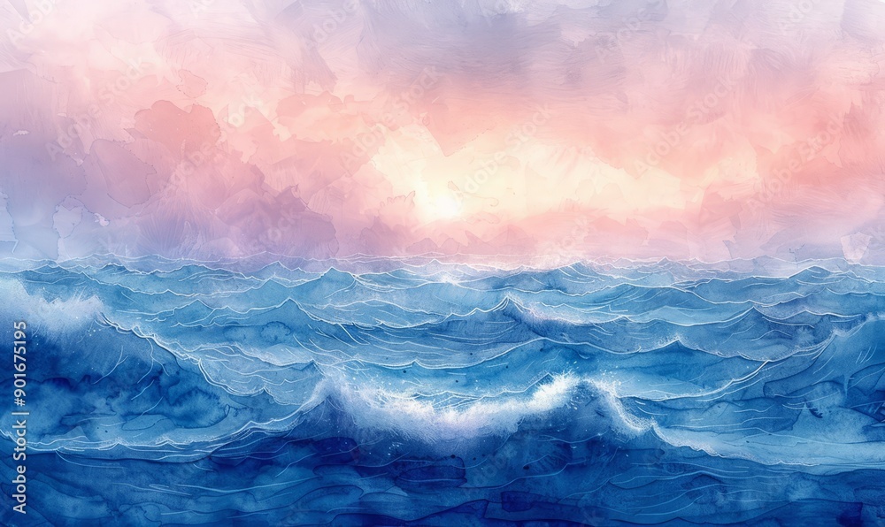 Abstract ocean waves at twilight in watercolor on white. Abstract ocean waves at twilight in watercolor on white.