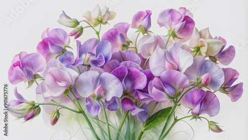 Soft, delicate purple sweet peas bloom in a whimsical watercolor arrangement on a crisp white background, exuding elegance and understated beauty.