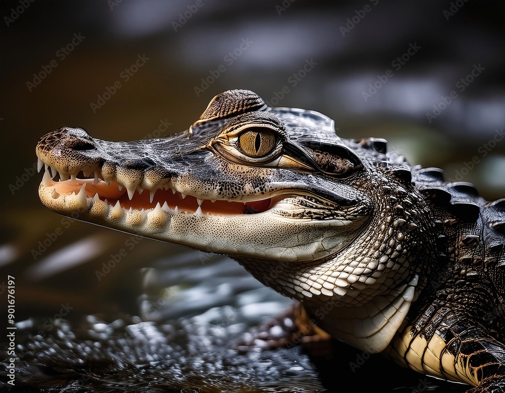 Fototapeta premium Close-Up Photo of Baby Crocodile with Mouth Open, Focusing on Large Prominent Eyes