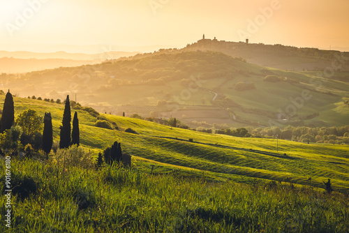 Spectacular landscapes of Val di Orcia in Tuscany, taken during sunset. Spring is the best time to visit this region.