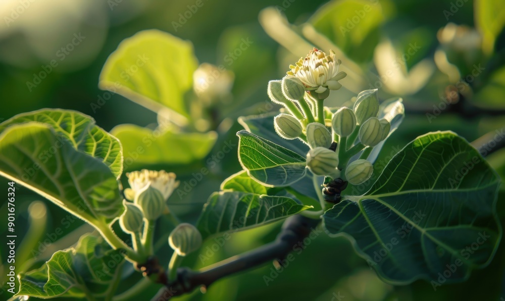 Fototapeta premium Fig tree blossoms and young figs, close-up