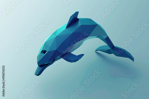 A 3D low poly style illustration of a dolphin, emphasizing its sleek and streamlined form with geometric facets. The image highlights modern design and digital artistry, symbolizing the beauty and gra photo