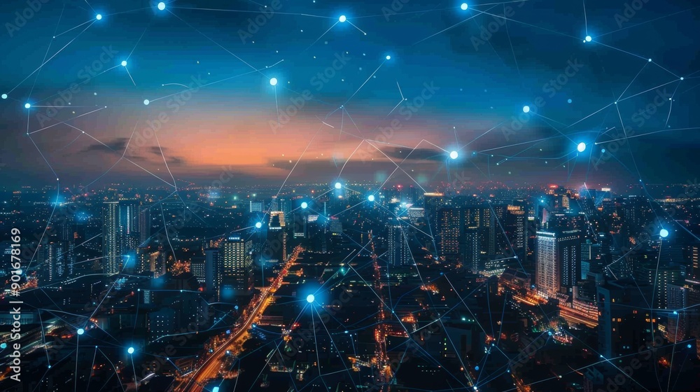 A cityscape with a network of lights A cityscape with a network of lights
