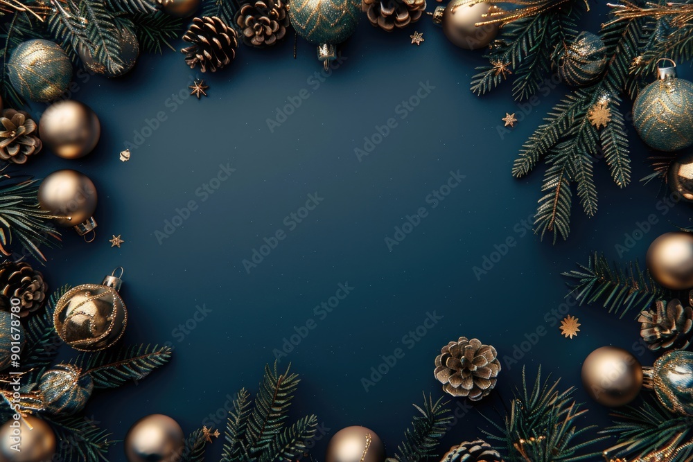 A blue background with a gold frame and a bunch of Christmas ornaments A blue background with a gold frame and a bunch of Christmas ornaments