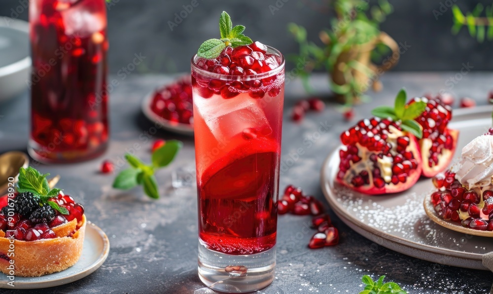 Pomegranate juice in a glass and pomegranate seeds Pomegranate juice in a glass and pomegranate seeds