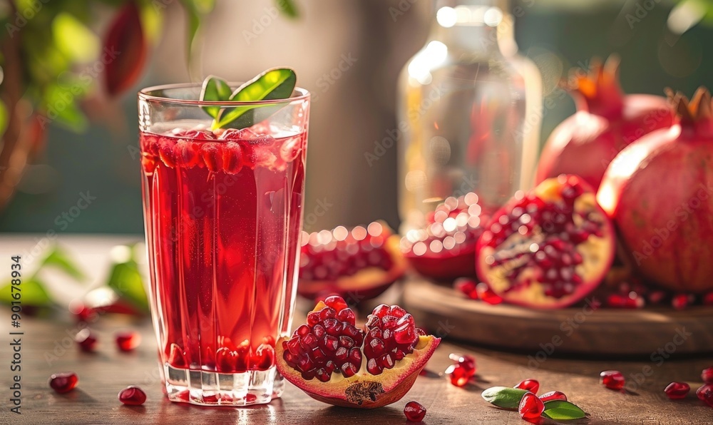 Pomegranate juice in a glass and pomegranate seeds Pomegranate juice in a glass and pomegranate seeds