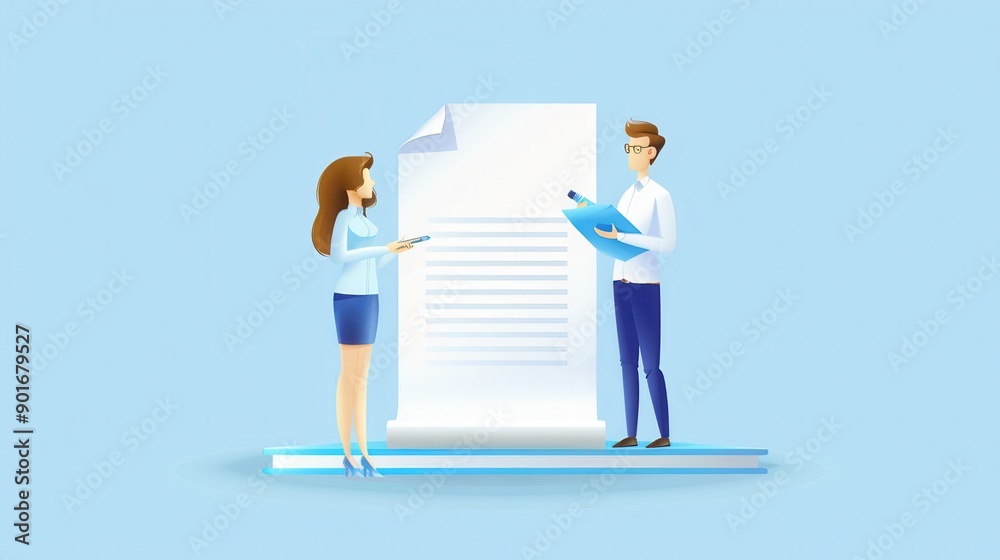 A man and a woman are standing in front of a white piece of paper