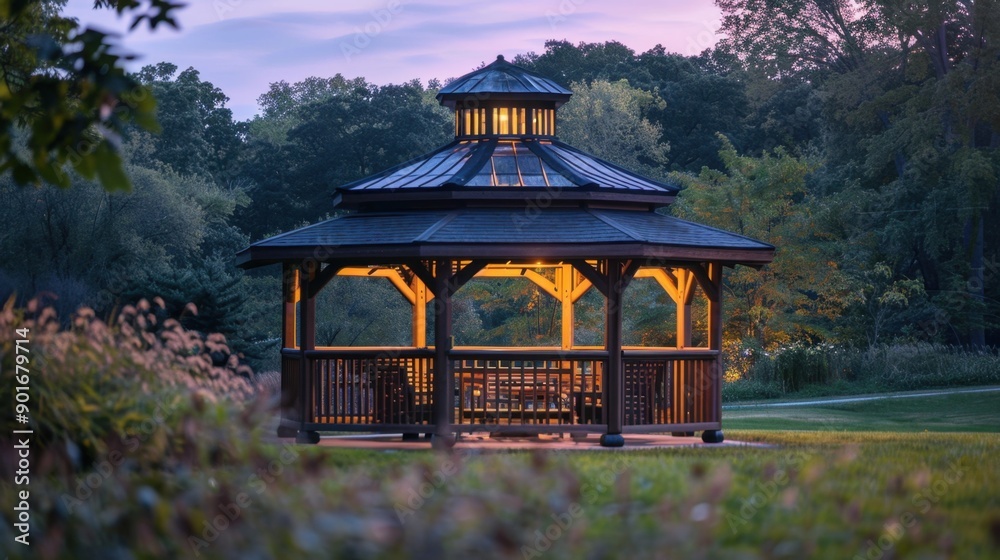 Fototapeta premium A serene twilight gazebo offering a peaceful refuge between day and night, bathed in soft, calming light.