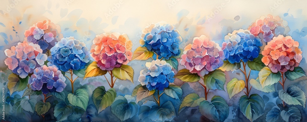 A painting of a field of blue and pink flowers A painting of a field of blue and pink flowers