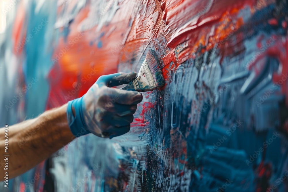A person painting a wall with red and blue paint A person painting a wall with red and blue paint
