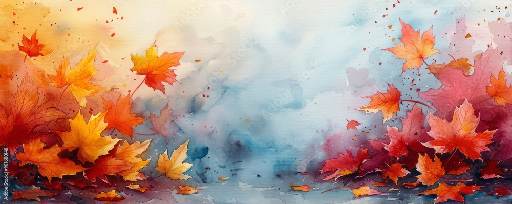 A painting of autumn leaves with a blue sky in the background A painting of autumn leaves with a blue sky in the background