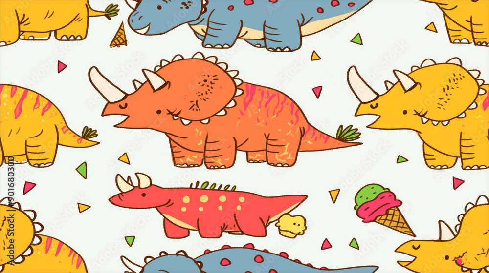 Naklejka premium Seamless pattern with different types of happy dinosaurs with trees, leaves and icecream, background useful for wallpaper, nursery, textile, wrapping paper, copy space, children's book concept