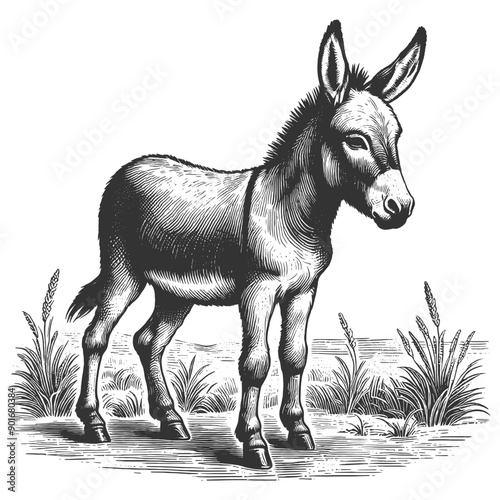 donkey walking, showcasing the animal features and movement in a classic style sketch engraving generative ai fictional character vector illustration. Scratch board imitation. Black and white image.