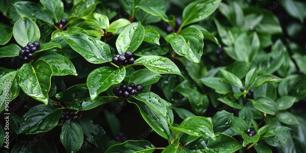 A lush green bush with many berries on it. The leaves are wet from the rain. Concept of freshness and vitality A lush green bush with many berries on it. The leaves are wet from the rain. Concept of freshness and vitality