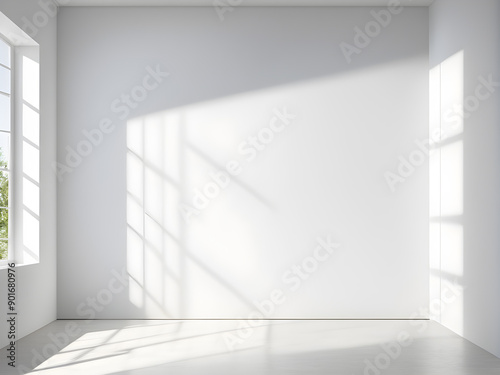 Empty white room with window and sunlight.
