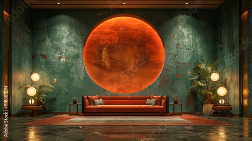 Wallpaper Mural Background: An art deco-inspired living room with a green plaid chair, luxurious carpet, and a comfortable couch, creating a cosy and sophisticated space. Torontodigital.ca