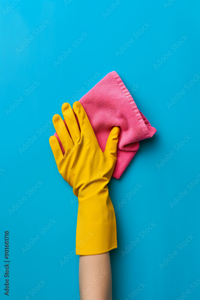 A hand in a yellow glove holds a pink cleaning rag on a blue background. Photo concept of spring cleaning in the office and home. Design vertical banner template with place for text, copy space A hand in a yellow glove holds a pink cleaning rag on a blue background. Photo concept of spring cleaning in the office and home. Design vertical banner template with place for text, copy space