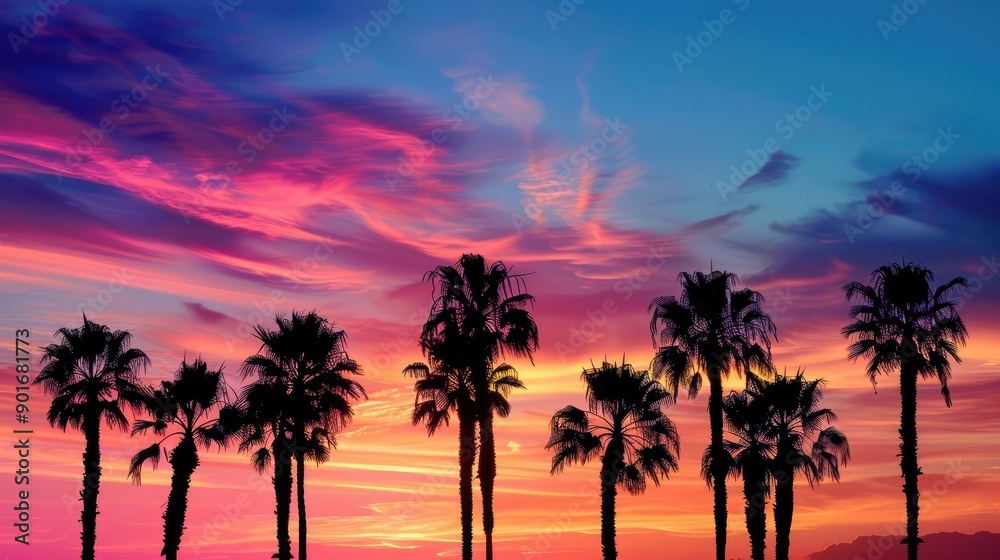 The concept of silhouetted palm trees against a bright sunset sky. The concept of silhouetted palm trees against a bright sunset sky.