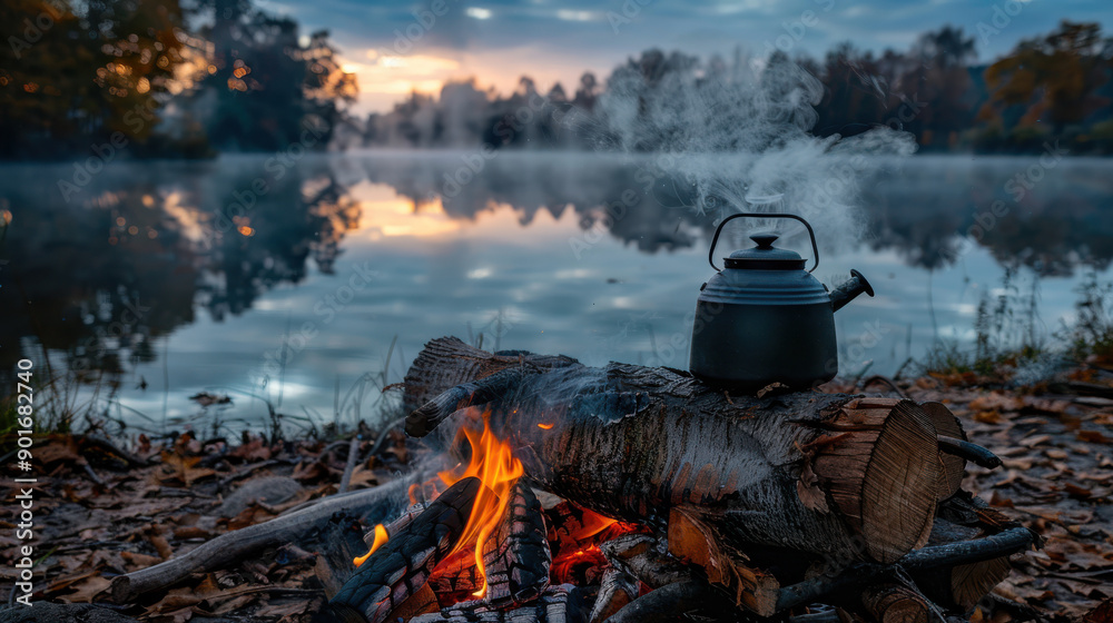 A high-definition image of a black kettle above a campfire, lake in the early morning background, steam rising from the kettle A high-definition image of a black kettle above a campfire, lake in the early morning background, steam rising from the kettle