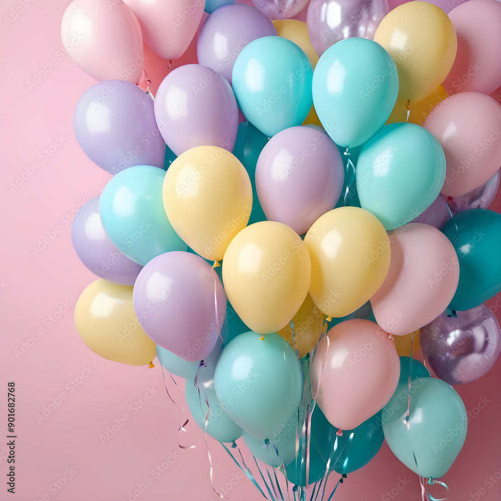 Bunch of multicolored balloons on pink background, closeup Bunch of multicolored balloons on pink background, closeup
